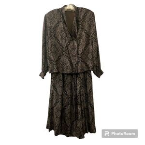 Galinda Wang Brown Paisley Wool Blend Long Sleeve Blouse Midi Skirt Set Sz 12